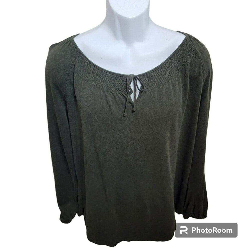 Eddie Bauer Knit Top, Women L Green Peasant,  Long Sleeve, Cotton Blend, EUC